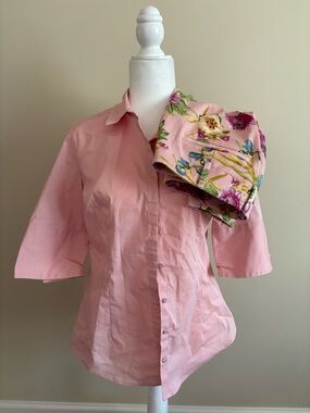 New York & Company Pink Button-Up Shirt and Floral Pants Outfit